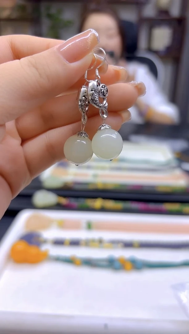 和田玉（白玉）银S925镶嵌耳饰DIY款E783