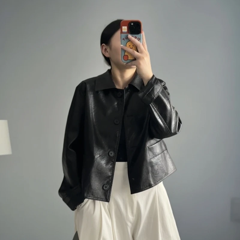 时尚翻领皮衣短款宽松型少女风秋季皮夹克韩版常规