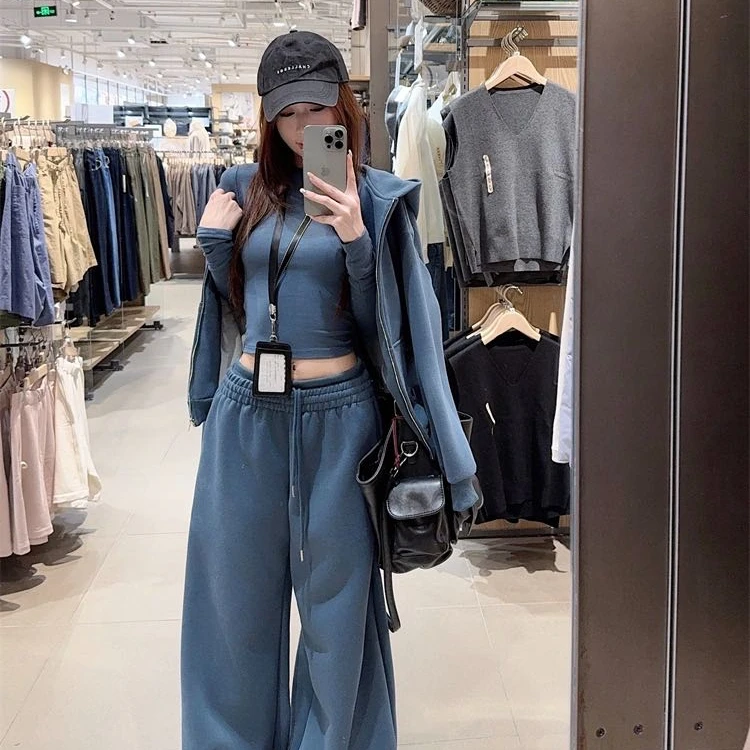 松弛感穿搭套装女秋季慵懒风连帽卫衣开衫外套休闲阔腿卫裤两件套