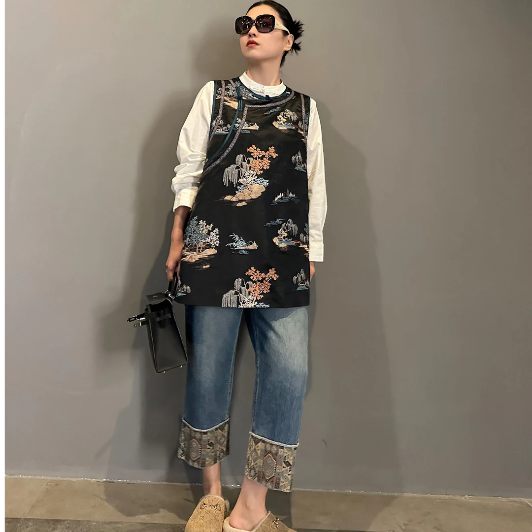 FL 3049｛写意山水｝新中式人丝如意祥云纹重工原创设计国风马甲裙