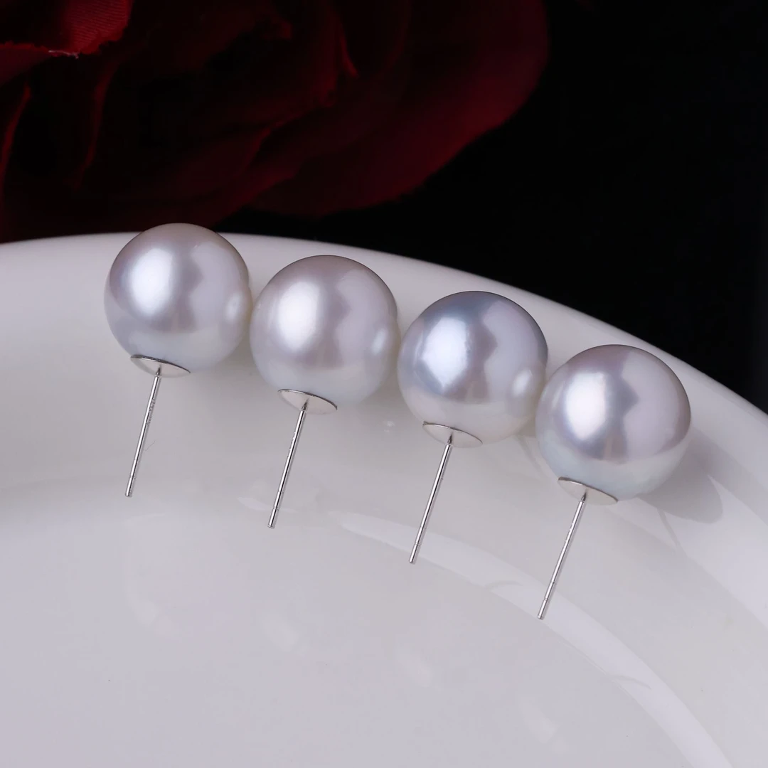 海水澳白银蓝光珍珠耳钉12-14mm18K金新风尚泡泡素钉多样性发一对