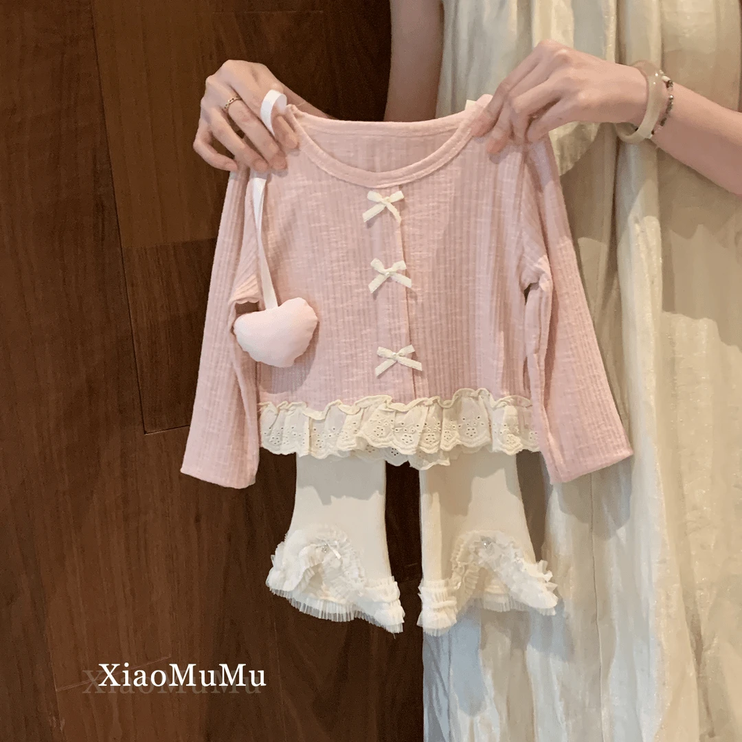 女童春秋季韩版洋气套装女孩宝宝蝴蝶结贴补长袖上衣蕾丝微喇裤子
