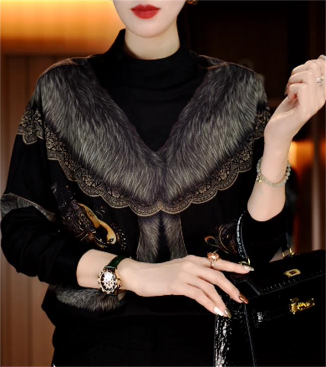 秋季蕾丝印花气质打底套头网红显瘦打底衫长袖秋冬V24L196