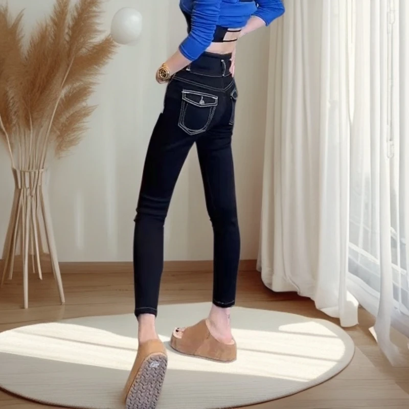 2025秋季新款明线设计牛仔烟管裤大码女装高腰显瘦百搭九分小脚裤