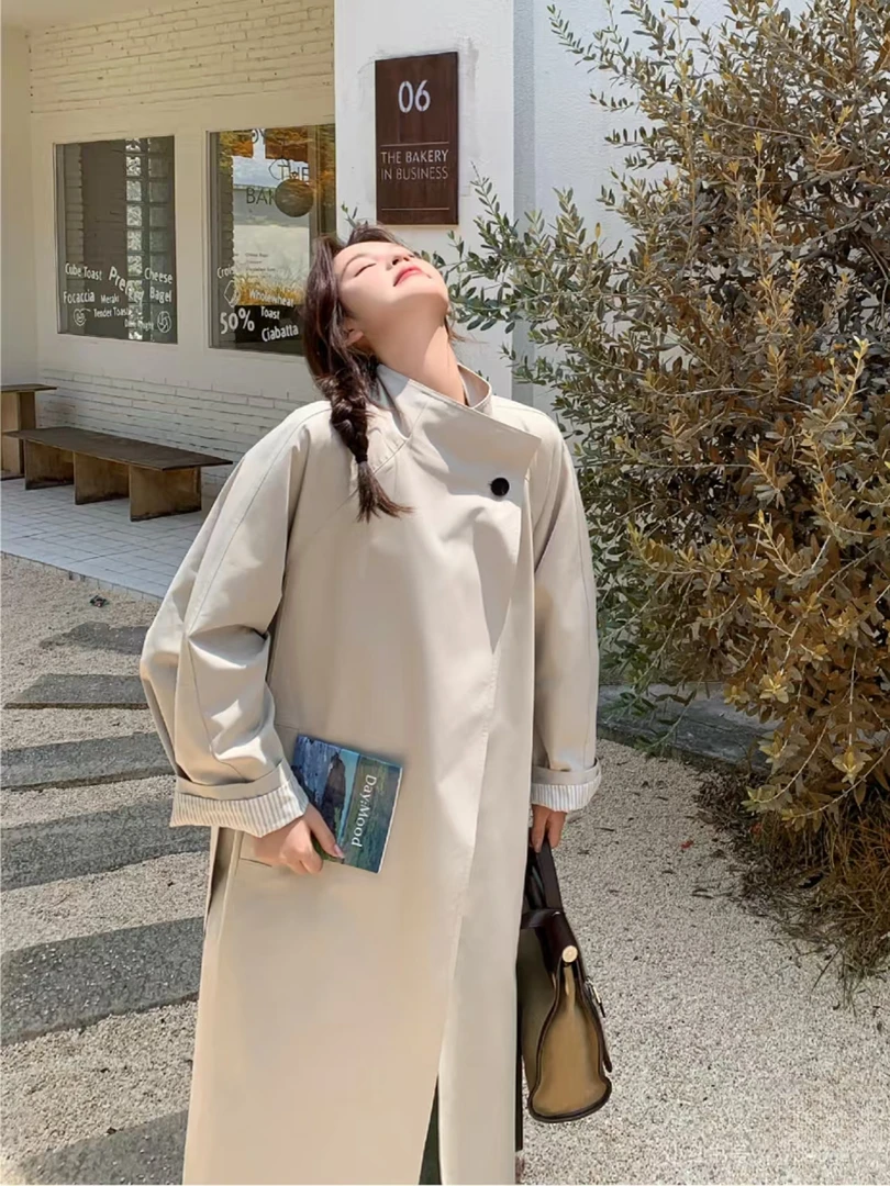 米白色气质高级感中长款立领风衣外套女春秋2025超火好看英伦大衣