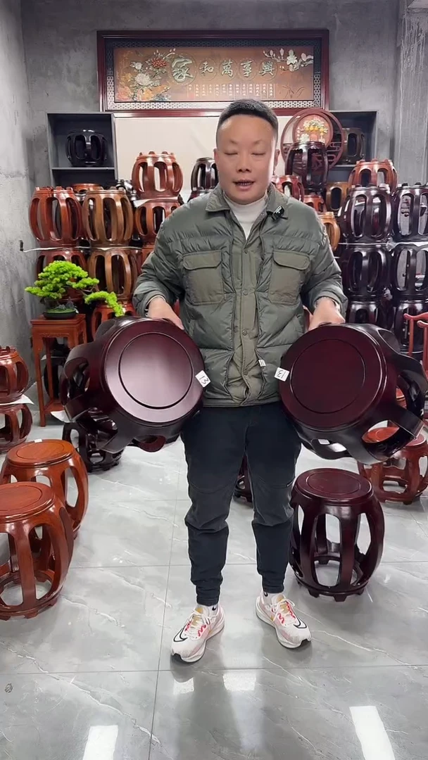 【闪购商品】花梨木类坐具酸枝色大号鼓凳一对13号