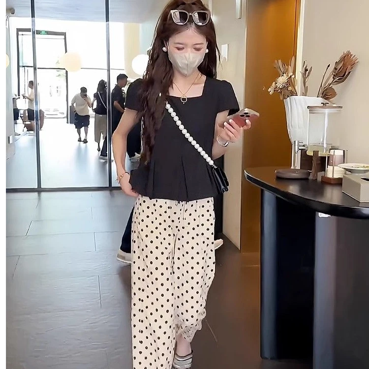 时尚套装女2025夏季新款方领衬衫短袖减龄上衣+波点阔腿裤两件套