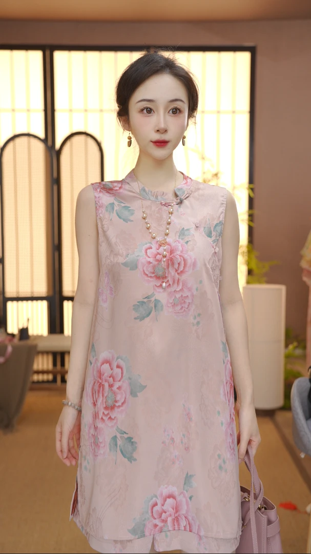 新中式2025夏季气质百搭提花立领短袖上衣裤子女FB25071317