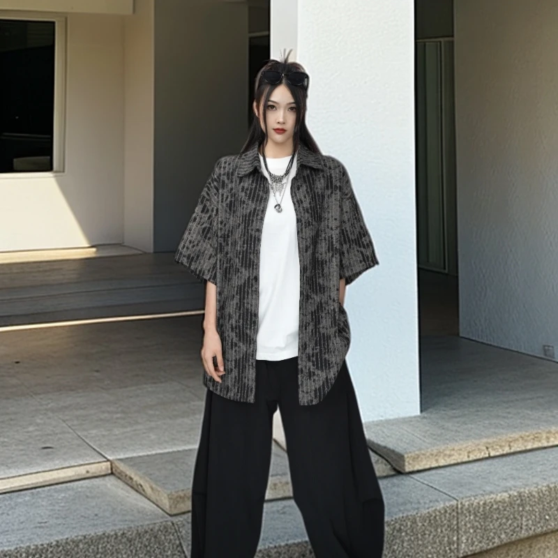 夏季痞帅风新款晕染潮牌舒适透气宽松时尚男女同款衬衫