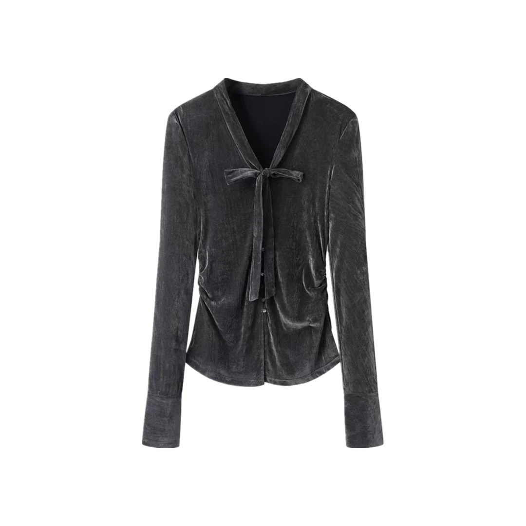 艾家2025秋款修身丝绒单排扣显瘦百搭长袖T恤女打底衫上衣女6011