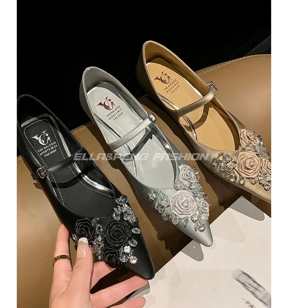 「但但专属」真皮仙女风花朵水钻玛丽珍鞋女2025新款气质尖头小跟鞋