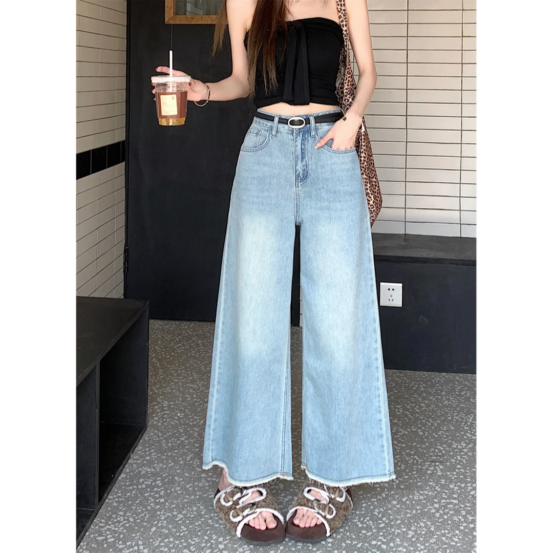 复古水洗高腰显瘦宽松休闲百搭毛边九分直筒牛仔阔腿裤女