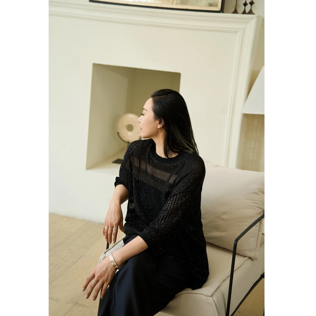 TOFOD 彩糖碎 珠片纱 宽松镂空针织上衣薄款圆领T恤