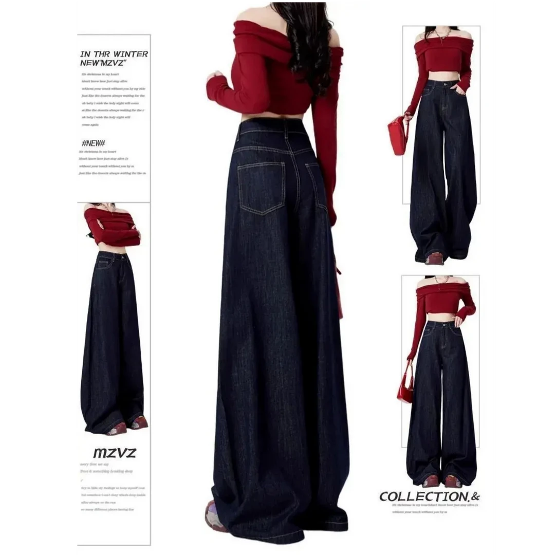 【现货+运费险】丹宁蓝高腰宽松显瘦阔腿裤设计感百搭复古牛仔裤女