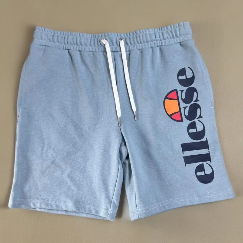 浅蓝大标针织毛圈宽松系带夏季休闲运动短裤男士经典印花透气百搭