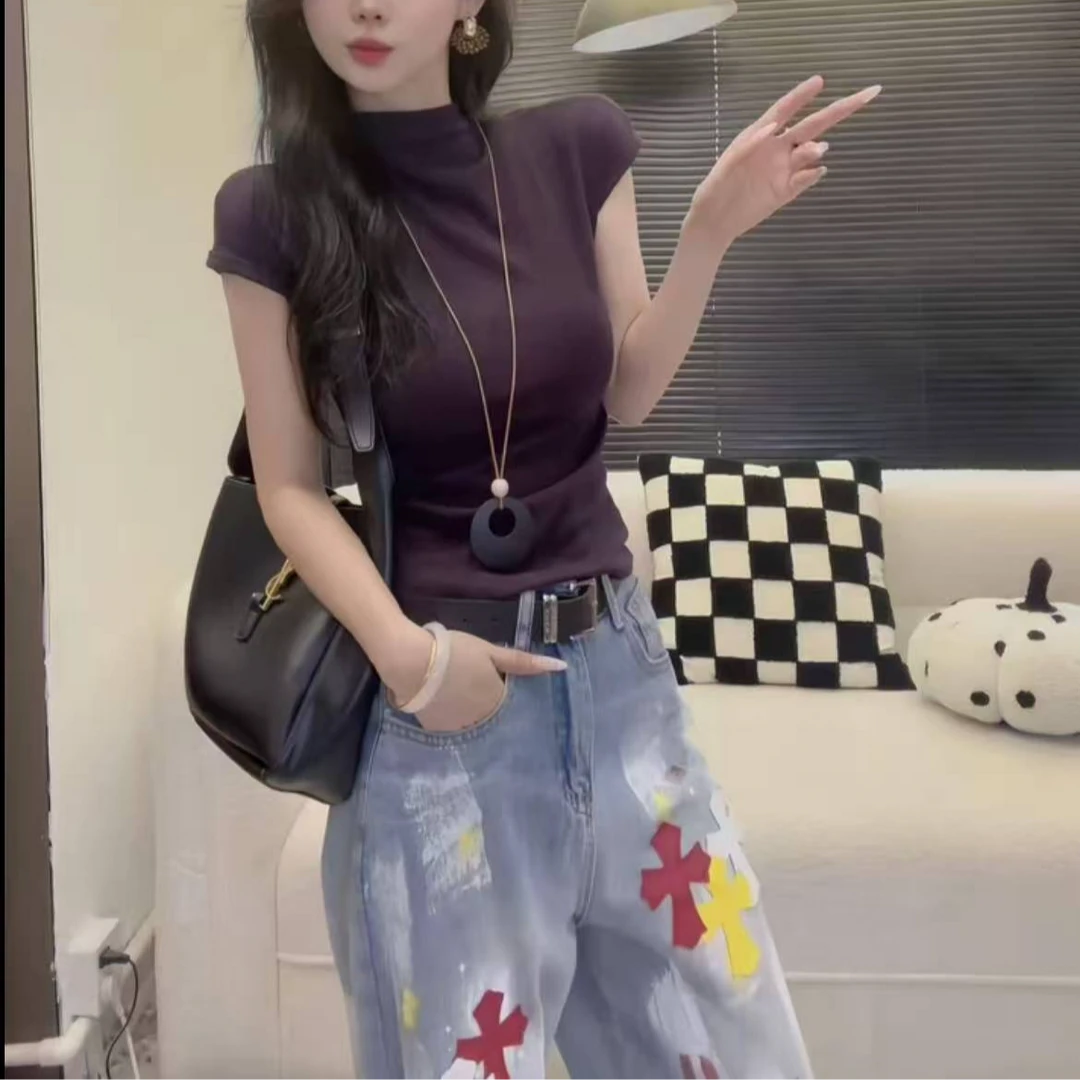 秋季新品戳心斩腰设计感小飞袖上衣女修身半高领针织短袖t恤内搭2