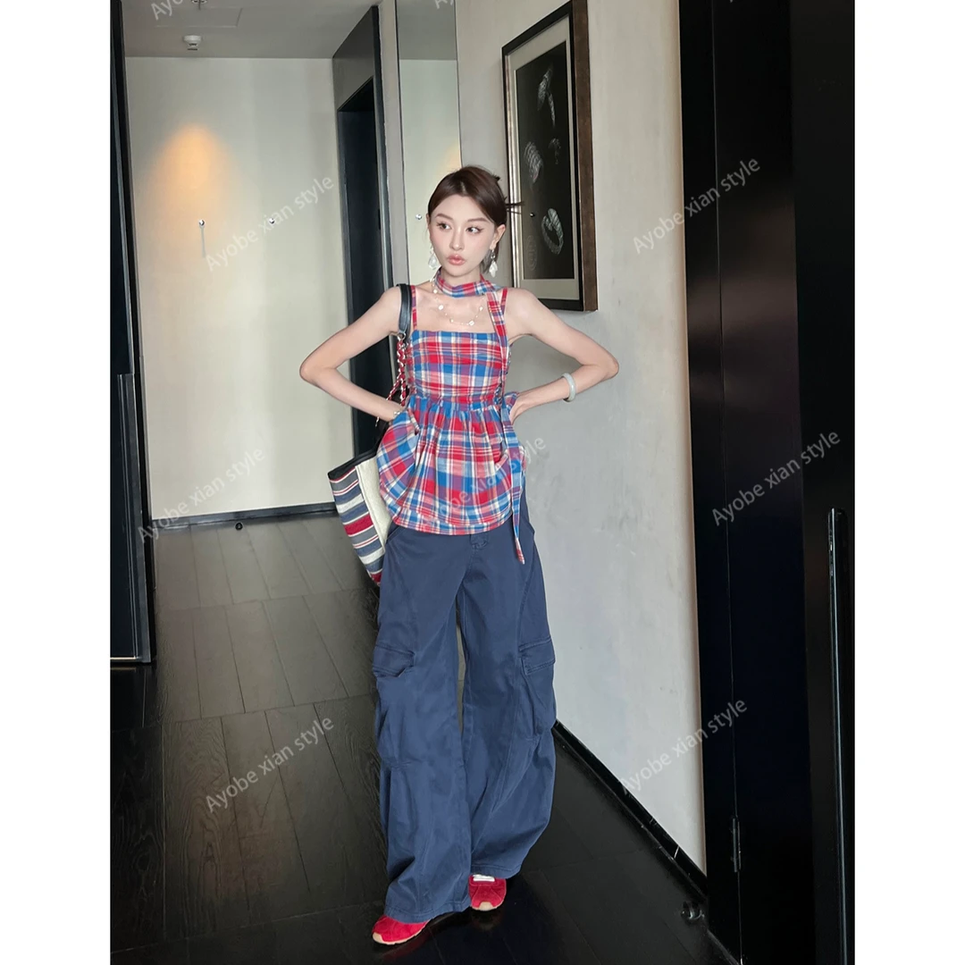AYOBE小贤/玻璃手信 美式街头感大口袋工装裤夏宽松复古阔腿裤