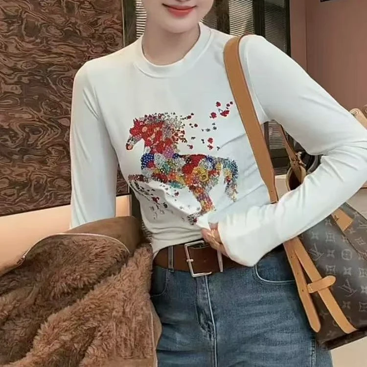 【晨浠定制】新款时尚圆领时髦印花长袖T恤打底上衣672