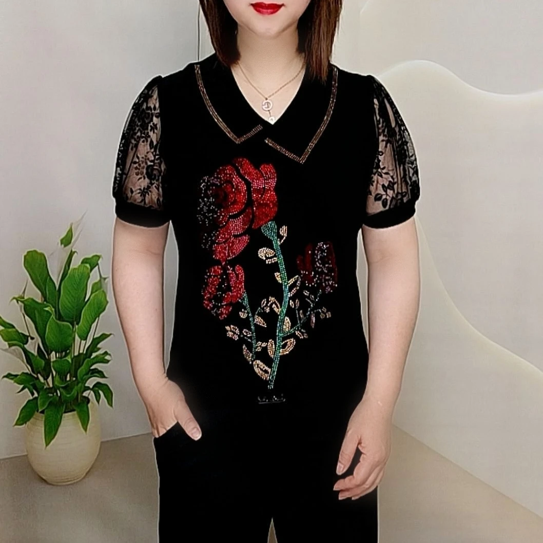 时尚洋气百搭不规则翻领烫钻T恤高贵气质修身遮肉显瘦短袖上衣女