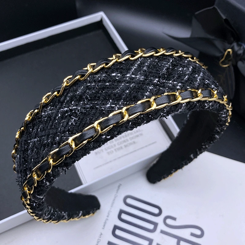 新款瑞丽风简约轻职风复古女士高档链条发箍法式小香风布艺发饰