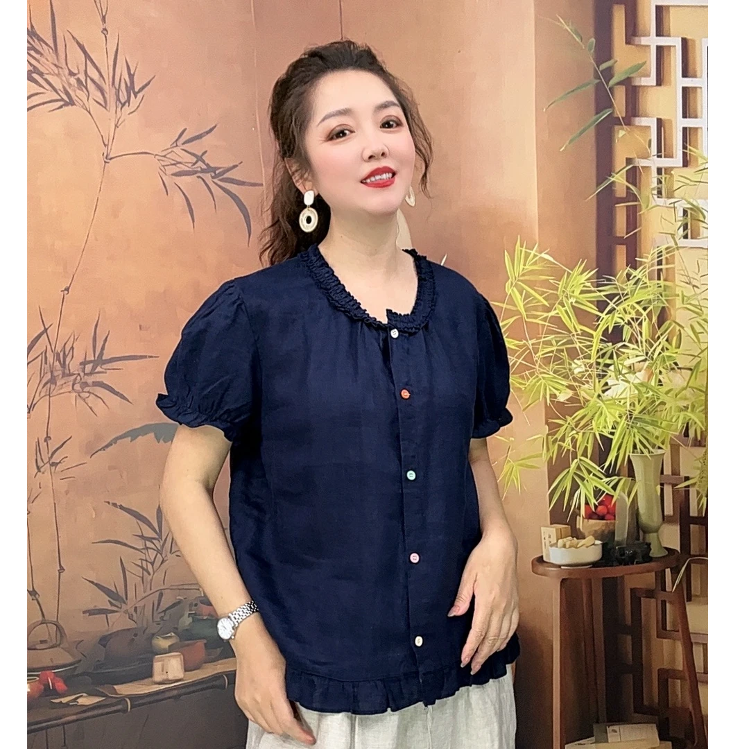 【25110】新款100%亚麻法式木耳边灯笼圆领短袖宽松时尚文艺女衬衫