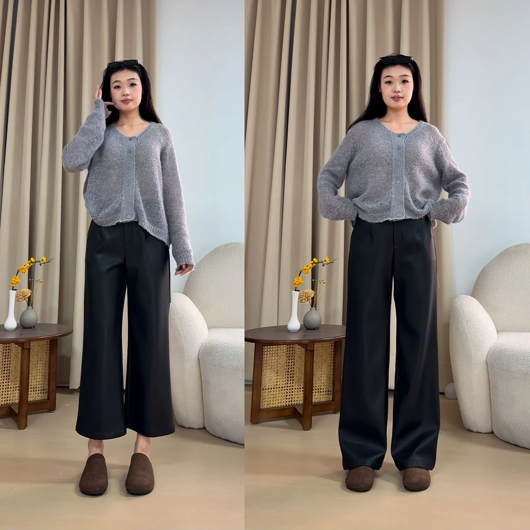 海宁正品皮裤女黑色百搭显瘦直筒阔腿裤宽松高腰九分长裤6009