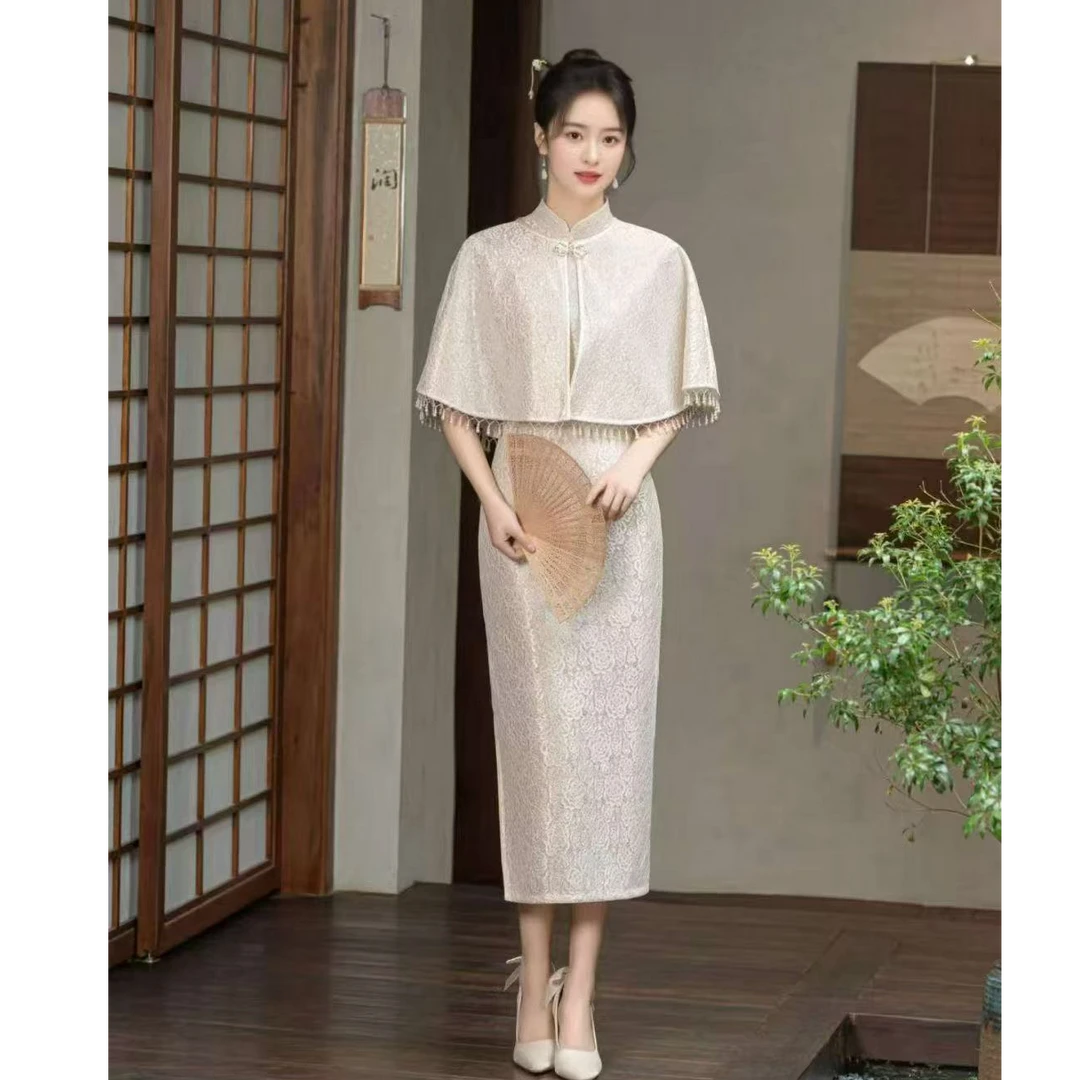 【景妍】中国风旗袍公主袖优雅名媛风时尚立领蕾丝法式两件套白色裙