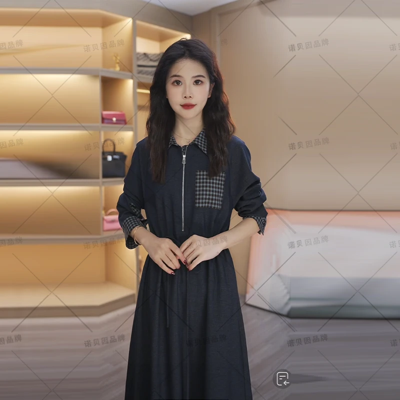 nuobeiyin/诺贝因秋季新款系带显瘦格子拼接休闲连衣裙NNBY660918