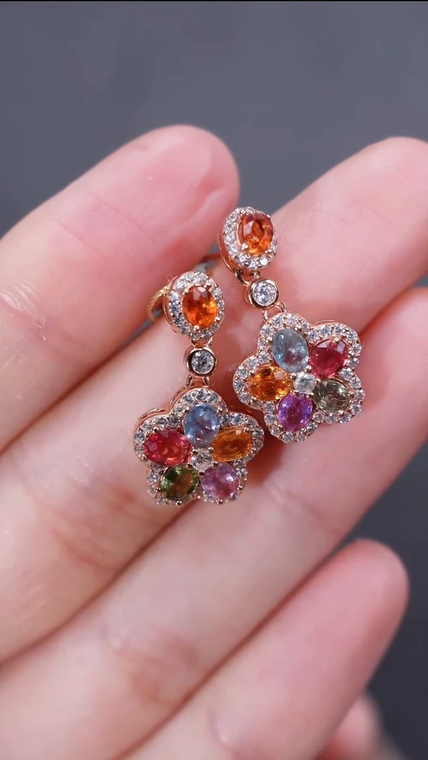 彩色蓝宝石耳饰银S925镶嵌耳饰