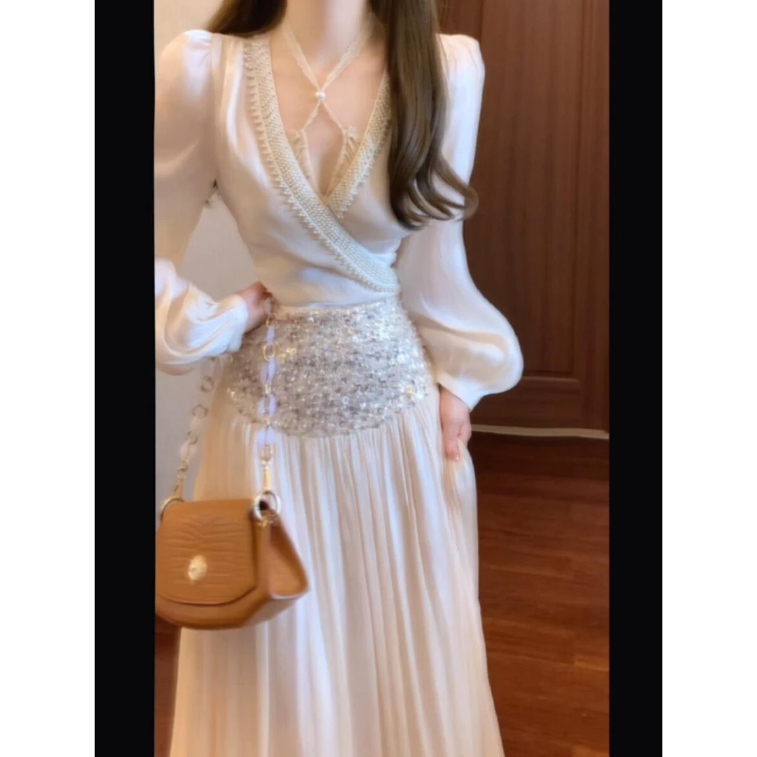 【美神降临】夏季新款法式小香风复古重工V领长袖上衣搭亮片半身裙