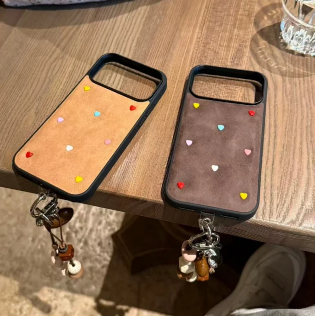 秋冬皮质立体彩爱心适用iPhone17promax苹果17pro手机壳16pro手绳