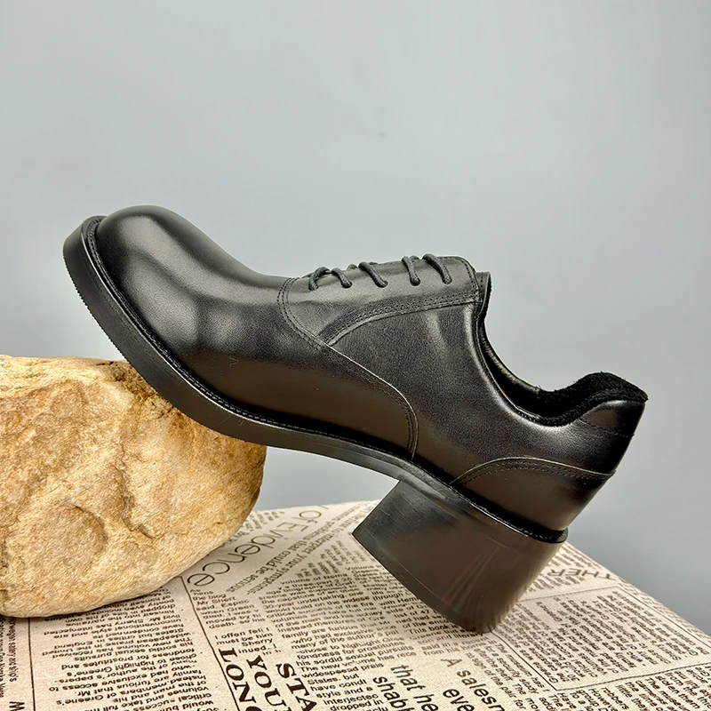 设计师款大头德比鞋男潮增高6cm透气水洗头层牛皮高跟皮鞋男软底