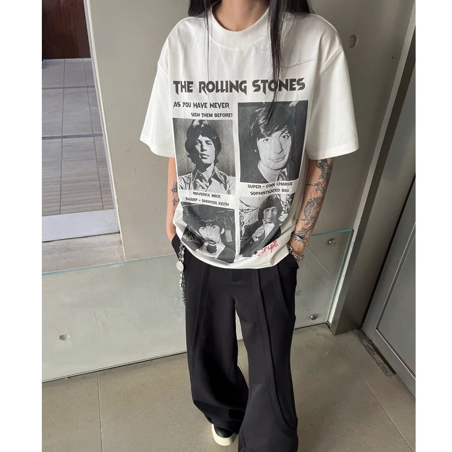 纯棉重磅小领口复古乐队人像印花短袖T恤男夏季宽松小众设计感