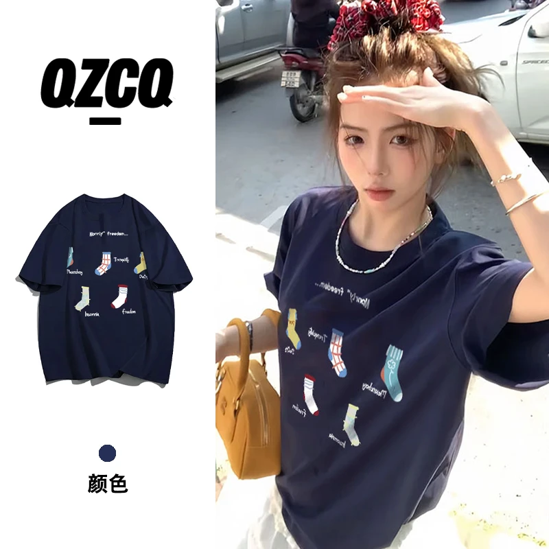 QZCQ小众复古休闲宽松百搭夏季短袖T恤慵懒设计潮上衣圆领ins印花