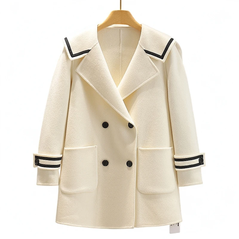 【伍莎-自营】双排扣宽松双面呢外套#WYX48B109