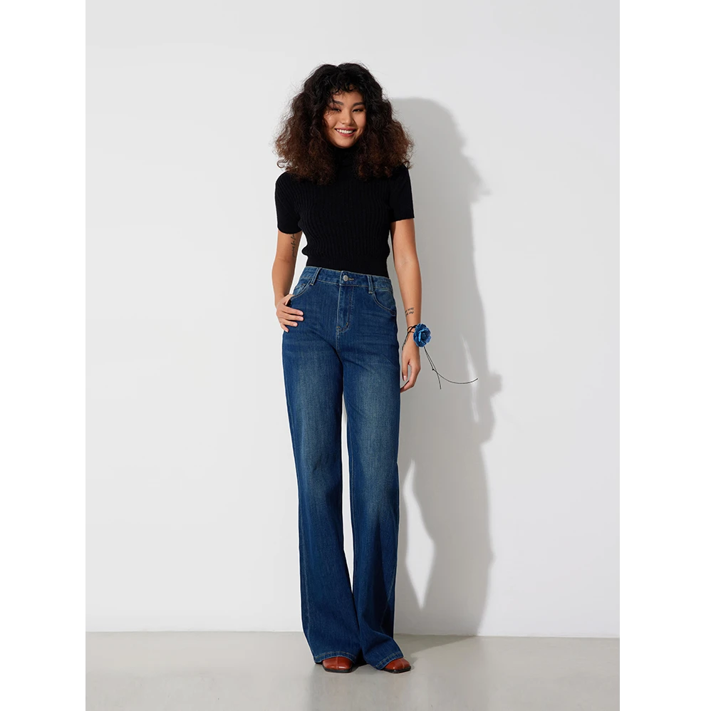 RUGOSAM阔腿牛仔裤女新款高腰磨白复古微喇拖地长裤【210826005】