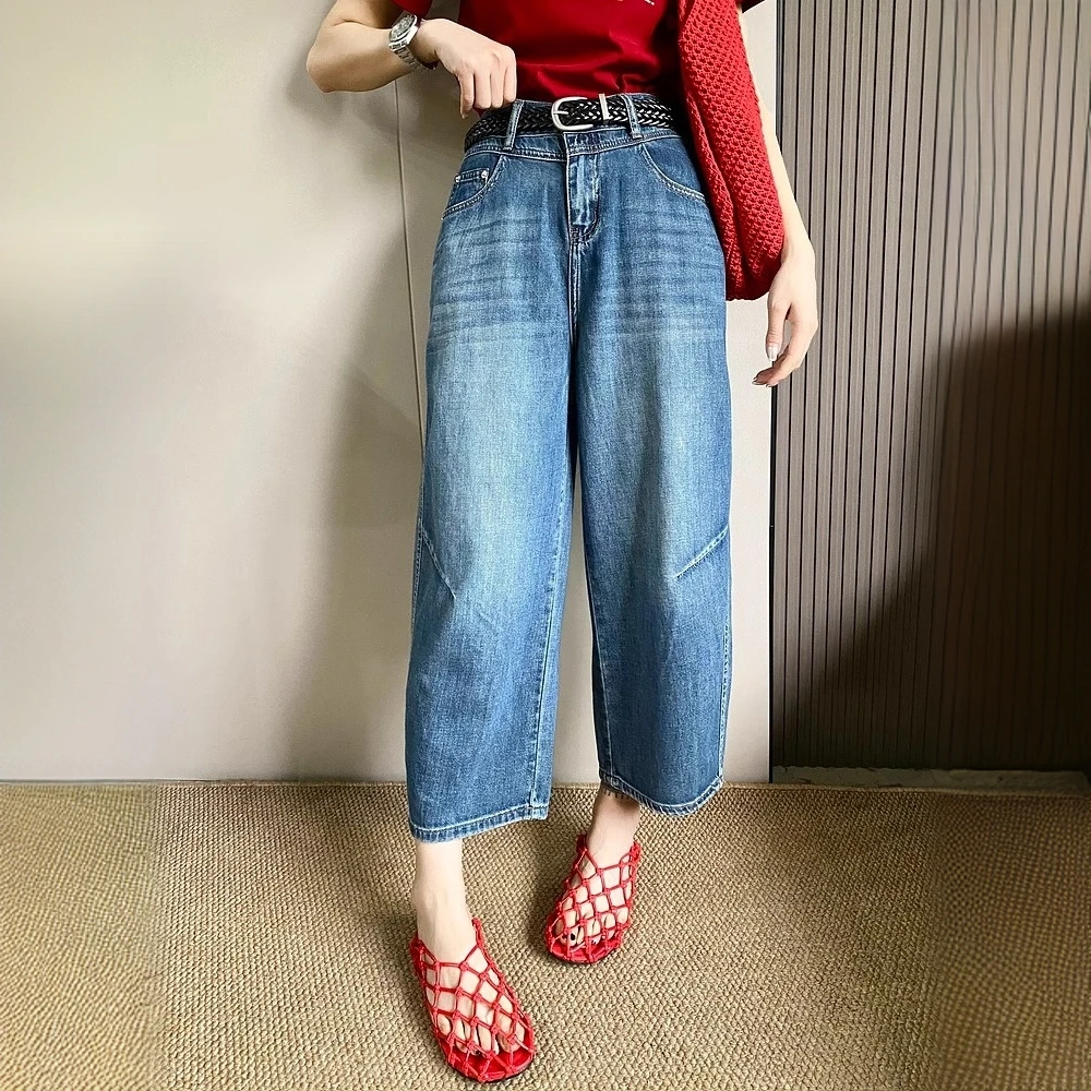 立体斜裁弯刀牛仔裤女2025夏季新款小个子高腰显瘦阔腿九分香蕉裤