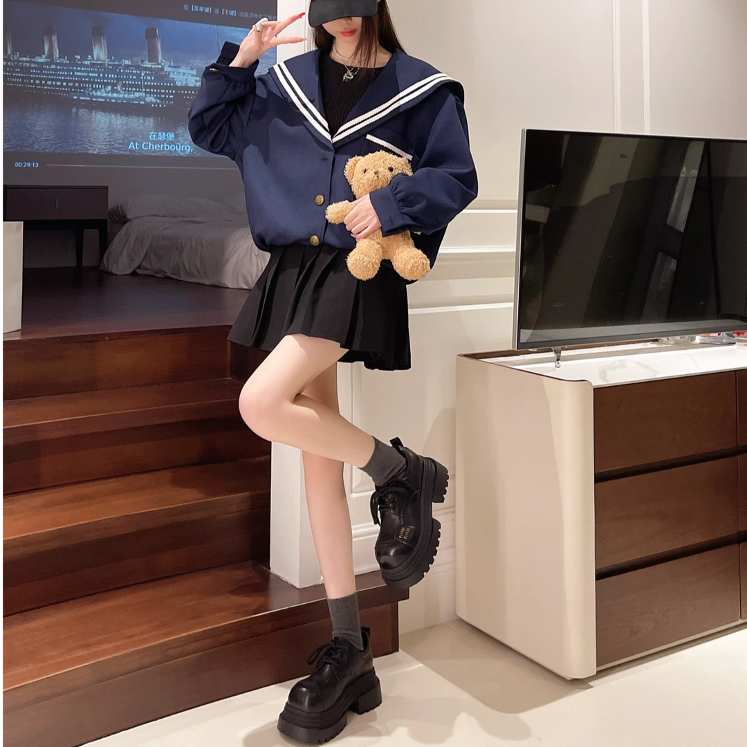 厚底增高大头小皮鞋女春秋2025新款英伦风小个子系带松糕乐福单鞋
