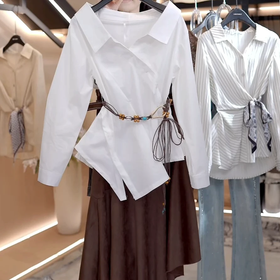 “月光纺”韩系一字领纯色不规则衬衫早秋时尚气质显瘦衬衣女C5990