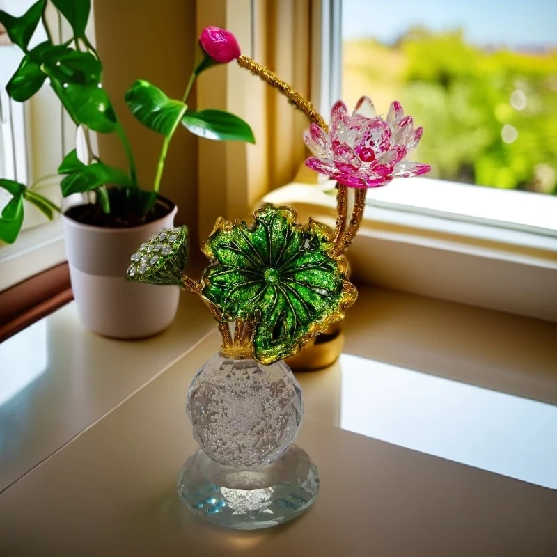 D新款高档轻奢水晶莲花荷花家居客厅装饰品装饰摆件玄关摆件