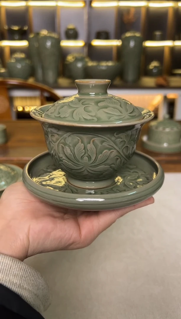 陶瓷耀州窑纯手工缠枝佛手莲元宝三才盖碗