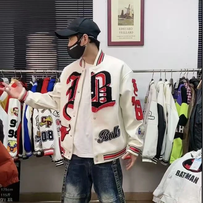 美潮风呢子拼pu皮情侣棒球服