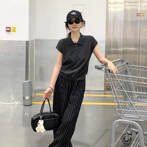 法式灰色Polo领短袖t恤女夏季小飞袖冰丝针织短款翻领正肩上衣薄