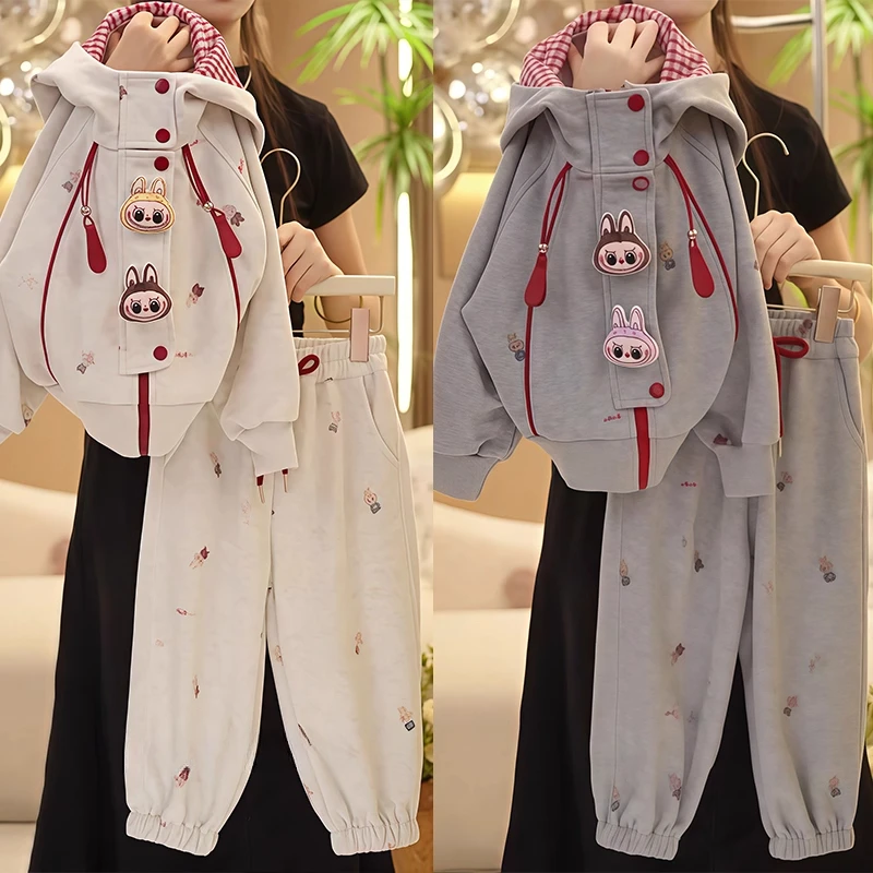 女童卡通格子连帽卫衣卫裤套装2025新款春秋运动拉布布外套束脚裤