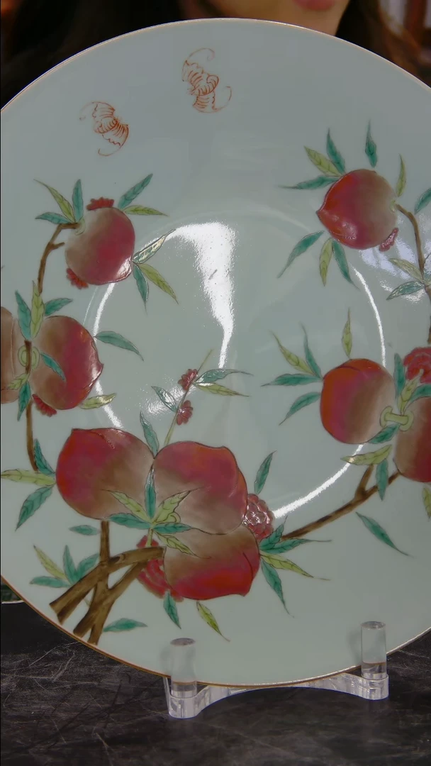 盘粉彩桃纹豆青釉盘#1270#