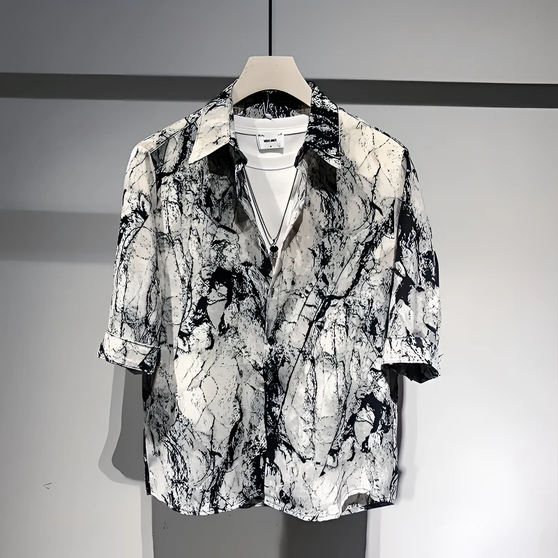 休闲宽松衬衣潮流痞帅花衬衫高级感冰丝男士2025夏季新款大理石纹