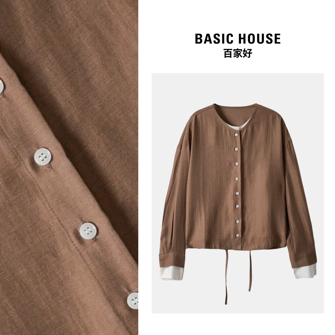 Basic House/百家好2025新款修身款衬衫时尚设计感排扣外套1112YY