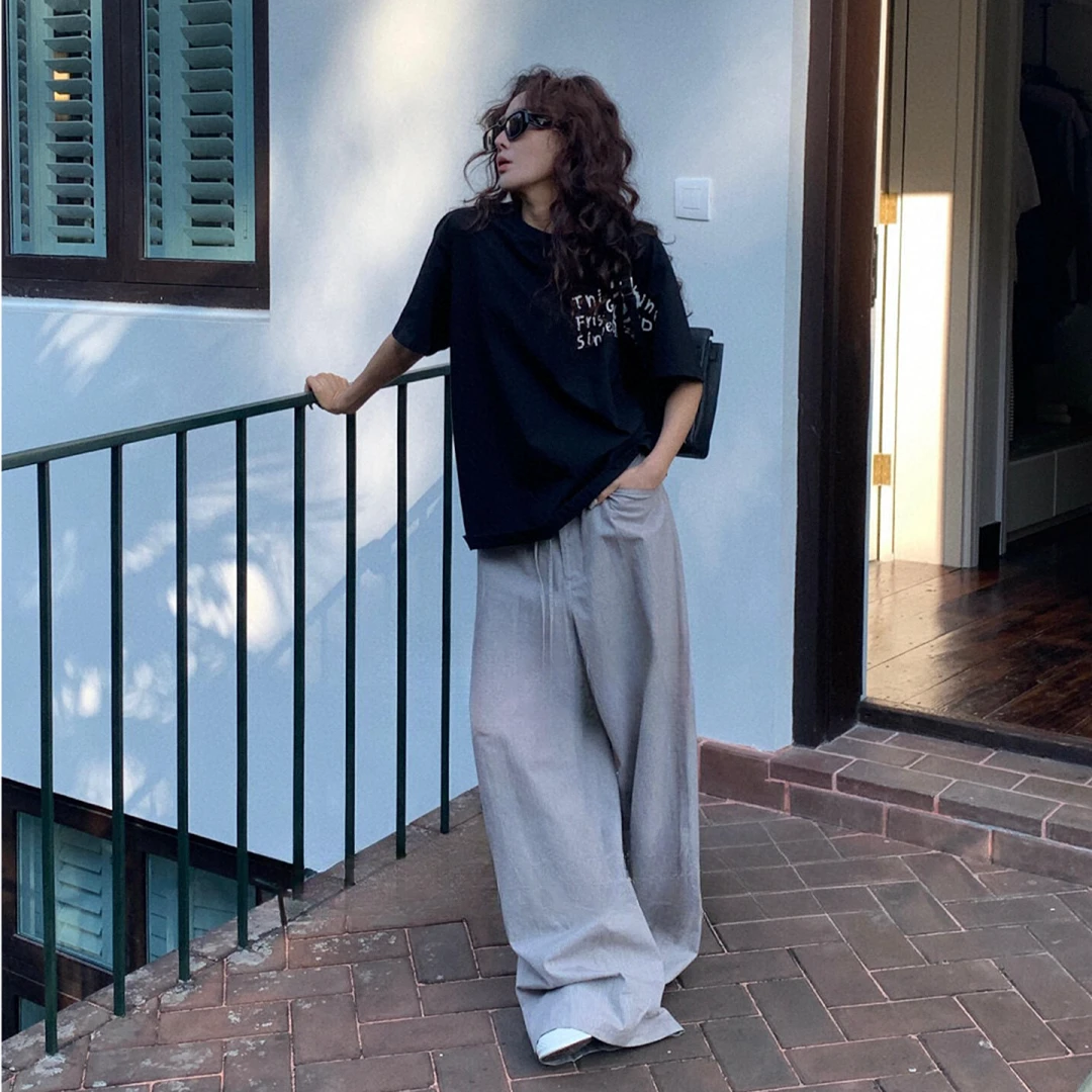 美式黑色字母短袖T恤女2025夏季新款中长款宽松休闲百搭圆领上衣