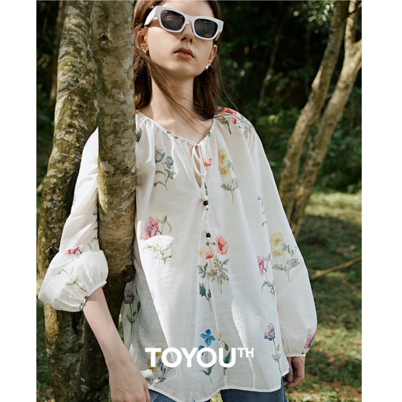 【新东方专属】初语小清新亚麻印花小衫绿绒蒿上衣8512028