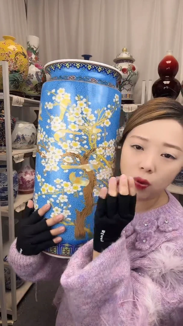 摆件陶景德镇珐琅彩画卷筒高45 口径20